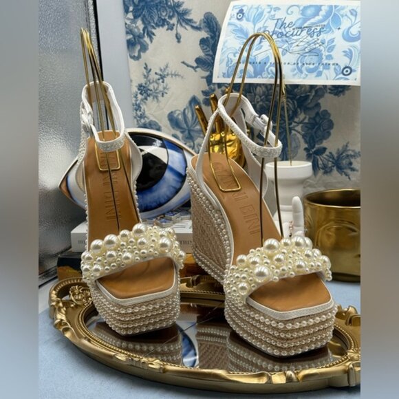 🆕 GIANNI BINI 🧿 NWOB Savanna Pearl Ornamented Platform Wedge Sandals, Sz 8 - Picture 5 of 14